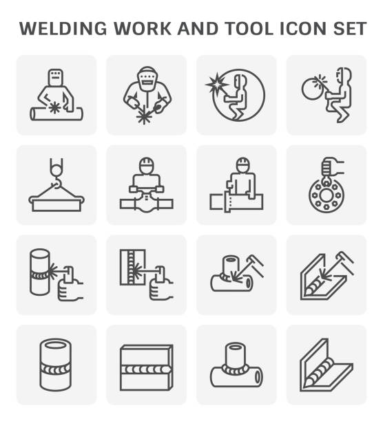 welding work icon Welding work and welding tool icon set for welding graphic design element, editable stroke. person oxygen tank stock illustrations