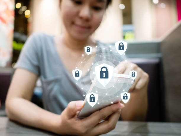 istock Woman using smartphone with icon graphic cyber security network of connected devices and personal data information 1192802276