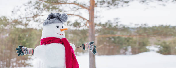 istock snowman in red scarf in forest 1192803304