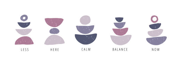 Balance, calm, now flat vector posters set Balance, calm, now flat vector posters set. Motivational drawings collection isolated on white background. Creative print, t shirt design element. Balance, harmony and wellbeing concept balance backgrounds stock illustrations