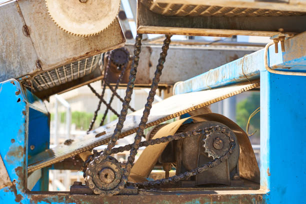 Chain drive transmission.  Old rusty gear with gears and chain
