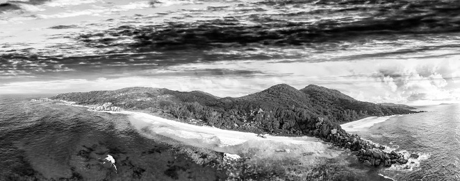 Sunset over Seychelles, aerial view from drone.