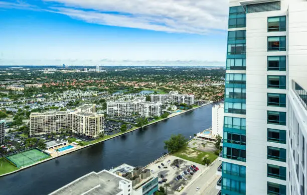 Aerial view of Three Island near river at Hollywood South Central beach. Colorful image with blue sky, white clouds, condos, apartments, resorts, hotels and other buildings along the waterfront.