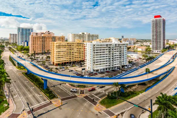 Aerial view of city centre of Hallandale with condominiums (condos), apartments, skyscrapers and vacation rentals close to Hallandale and Hollywood beach in Ft Lauderdale, FL. Road, bridge and river along the buildings. Colorful image with blue sky and white clouds on a summer day.