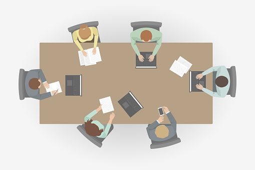 Table Top Work Animation Employees Working At Table In Office Top View Vector Stock Illustration ...
