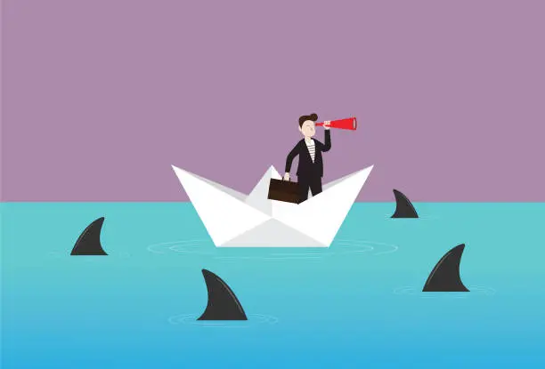 Vector illustration of Businessman holding a telescope on a paper boat with a shark in the sea