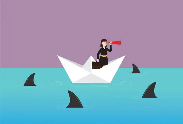 Vector illustration of Businesswoman holding a telescope on a paper boat with a shark in the sea