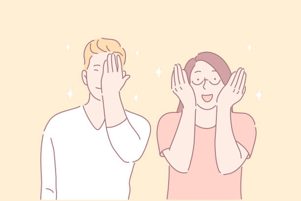 Facepalm gesture, joyful mood, funny situation concept Facepalm gesture, joyful mood, funny situation concept. Young people laughing at joke. Boy feeling embarrassed. Woman covering face with hands. Cute facial expression. Simple flat vector facepalm funny stock illustrations