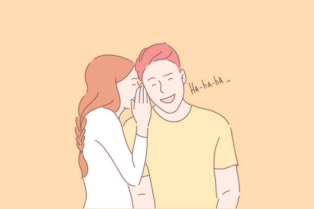Telling jokes, funny secrets, gossiping concept Telling jokes, funny secrets, gossiping concept. Young girl sharing secrets, whispering in sweetheart ear. Cute boy laughing at girlfriend story. Romantic relationships. Simple flat vector funny ear stock illustrations