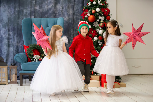 Merry children at the Christmas holiday. Little girls and boy in elegant clothes on a background of the Christmas tree