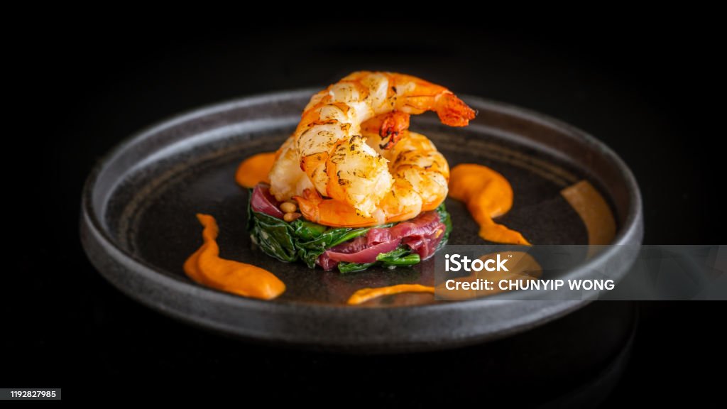 Seared King Prawn grilled shrimp, selective focus, close up Gourmet Stock Photo