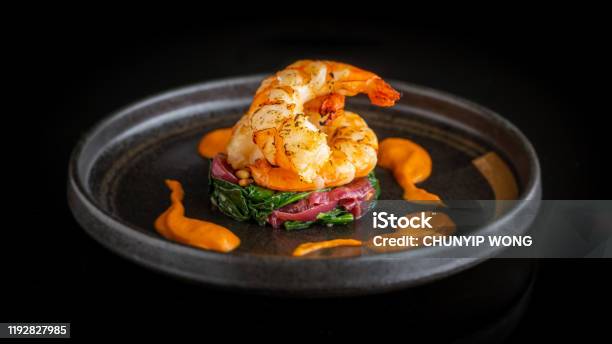 Seared King Prawn Stock Photo - Download Image Now - Gourmet, Plate, Seafood