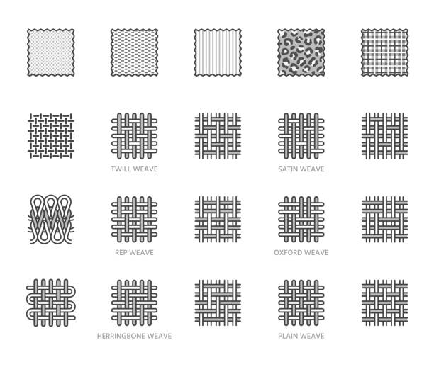 ткань образец плоской линии значки набора. типы плетения, различные материалы одежды, текстильные часы, печать животных, хлопок, бархатные � - сотканный stock illustrations