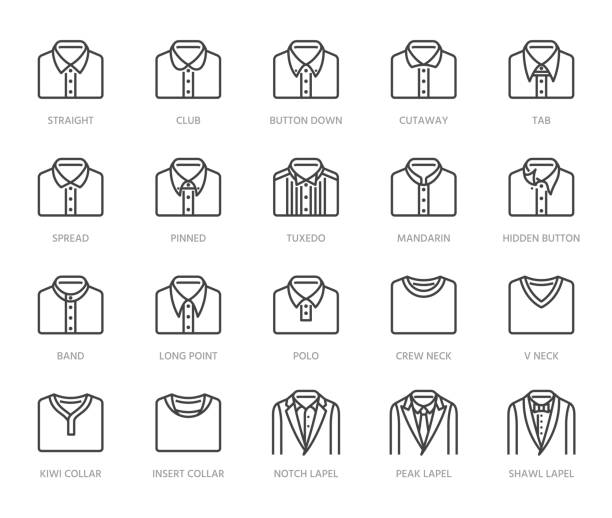 Shirt collars, jacket types flat line icons set. Formal clothing vector illustrations, classic white collar, tuxedo, polo. Outline pictogram for menswear store. Pixel perfect 64x64. Editable Strokes Shirt collars, jacket types flat line icons set. Formal clothing vector illustrations, classic white collar, tuxedo, polo. Outline pictogram for menswear store. Pixel perfect 64x64. Editable Strokes. mens fashion stock illustrations