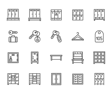 Locker room flat line icons set. Gym, school lockers, automatic left-luggage office, key tag vector illustrations. Outline pictogram personal belongings storage. Pixel perfect 64x64. Editable Strokes.