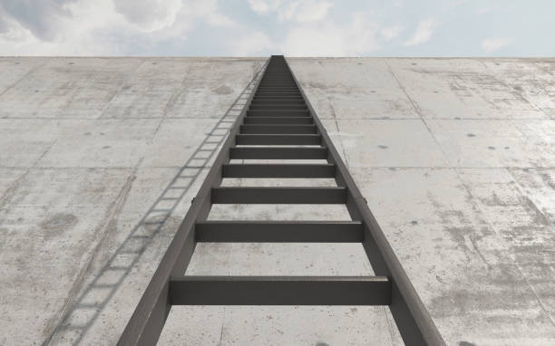 a step ladder standing against a high concrete wall. view from the bottom up. conceptual creative illustration with copy space. 3d rendering. - hurdle conquering adversity obstacle course nobody imagens e fotografias de stock