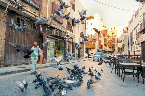 December 7th 2019, Jeddah, Saudi Arabia: An old man pooring fodder onto the street to feed the pigeons. As a car approaches, the birds started to fly away.