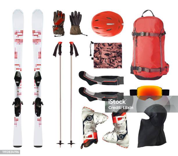 Flat Lay Of Mountain Ski Equipment And Clothes Isolated On White Stock Photo - Download Image Now