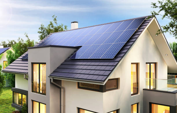 Solar panels on the roof of the modern house Solar panels on the gable roof of the beautiful house solar stock pictures, royalty-free photos & images