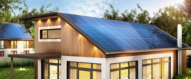 Modern house with solar panels on the roof Beautiful house with solar panels on the roof solar power station solar panel house solar energy stock pictures, royalty-free photos & images