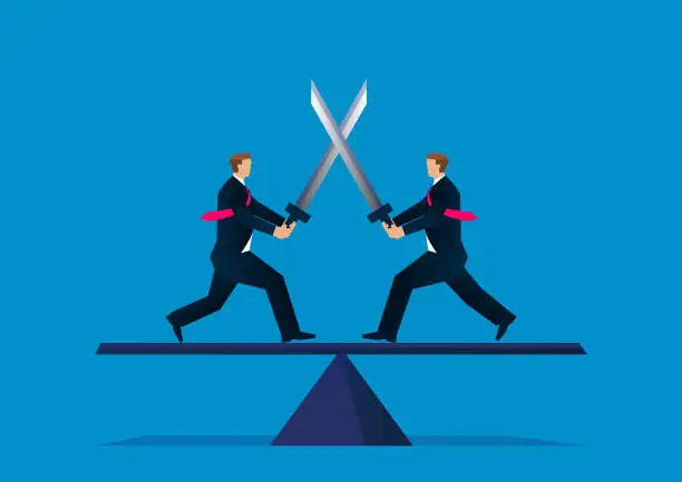 Vector illustration of Two businessmen dueling with swords on seesaw