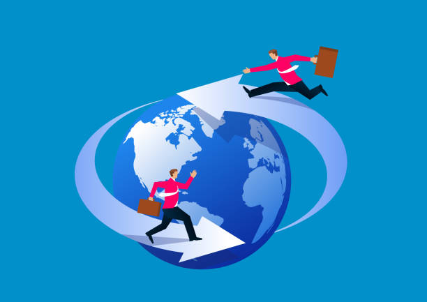 ilustrações de stock, clip art, desenhos animados e ícones de global business development concept - direction arrow sign globe planet