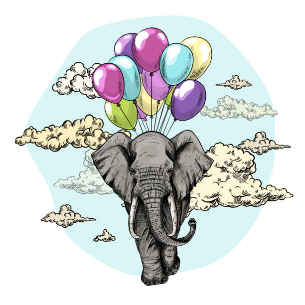illustrazioni stock, clip art, cartoni animati e icone di tendenza di elefante che vola con mongolfiere nel cielo - text sky abstract air