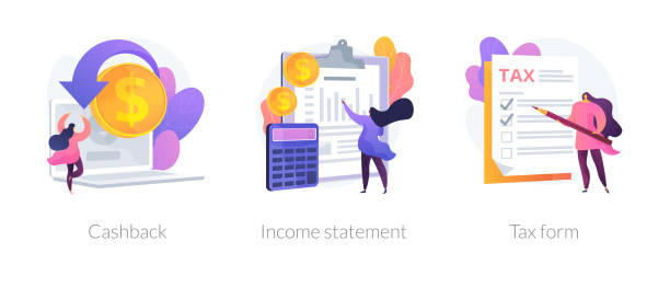 Banking documentation vector concept metaphors Accounting and bookkeeping cartoon web icons set. Money online refund. Financial consulting. Cashback, income statement, tax form metaphors. Vector isolated concept metaphor illustrations pricing infographics stock illustrations
