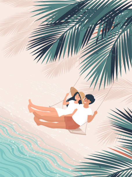 ilustrações, clipart, desenhos animados e ícones de o homem e a mulher loving balanç em um banco do balanço uma palma do cocunut pelo mar - cocunut palm tree