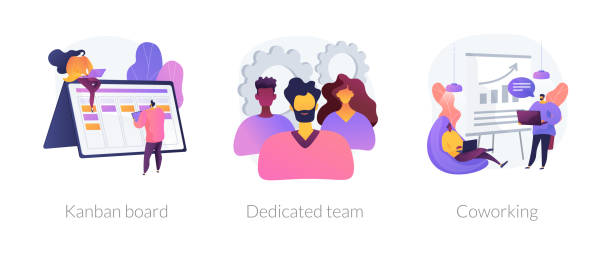 Agile project development vector concept metaphors Office time management icons cartoon set. Workflow optimization. Coworkers brainstorming. Kanban board, dedicated team, coworking metaphors. Vector isolated concept metaphor illustrations dedicated team stock illustrations