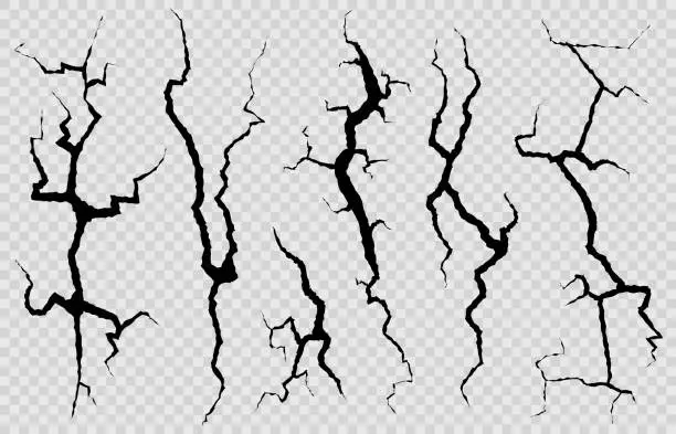 Vector illustration of Wall cracks. Surface fracture structure, cleft broken dry lining wall or destroyed cracked glass, earthquake destruction vector set