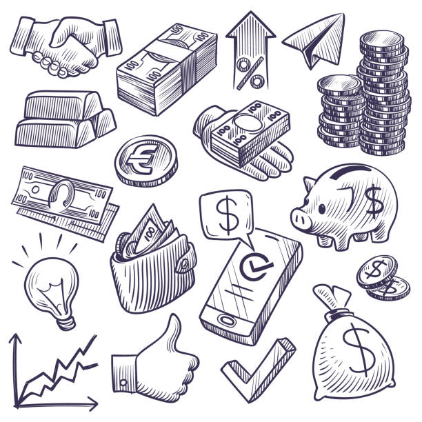 Money and banking sketch. Dollar banknotes and coins, piggy bank and business chart, gold bar and handshake symbols. Investment doodle vector set Money and banking sketch. Dollar banknotes and coins, piggy bank and business chart, gold bar and handshake symbols. Investment doodle vector financial economy set accounting drawings stock illustrations