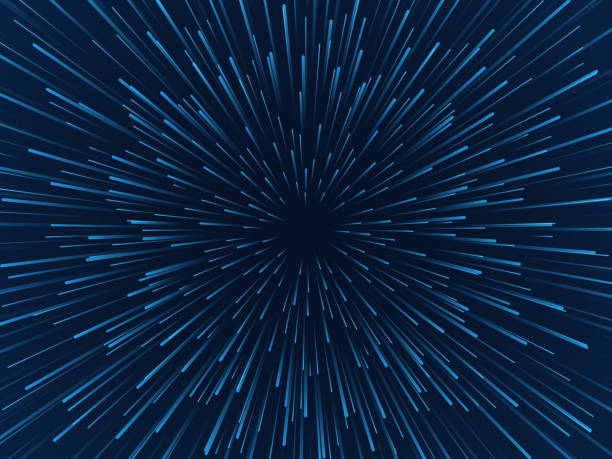 워프 별. 빠른 움직임, 중력장에서 별을 움직이는 초공간, 우주 여행 터널. 미래 지향적 인 네온 입자 벡터 개념 - exploding blue distorted image backgrounds stock illustrations
