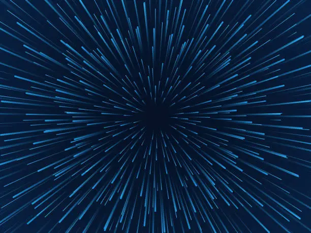 Vector illustration of Warp stars. Fast movement, hyperspace moving stars in gravitational field, space traveling tunnel. Futuristic neon particles vector concept