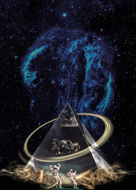 istock Esoteric pyramid in clouds under the starry galaxy with ring and two figures. Elements of this image furnished by NASA. 1192840818