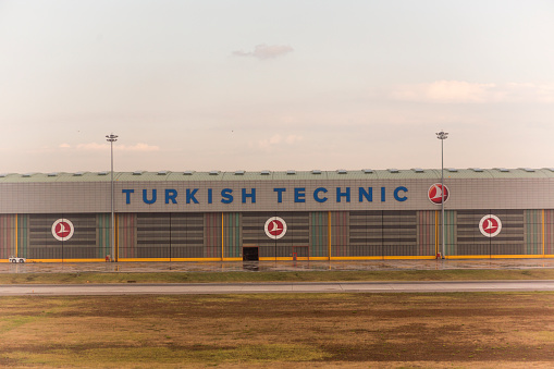 Istanbul, Turkey - July 12, 2019: turkish tecnic building are at Sabiha Gökçen International Airport runway in istanbul turkey