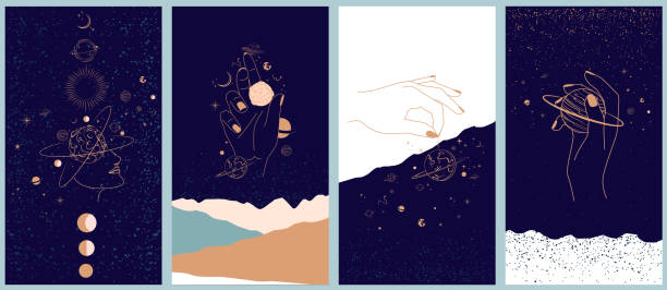 Collection of space and mysterious illustrations for Mobile App, Landing page, Web design in hand drawn style. Collection of space and mysterious illustrations for Mobile App, Landing page, Web design in hand drawn style. Magic, occultism and astrology concept. Objects in the style of one line style. spirituality illustrations stock illustrations