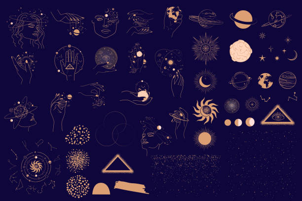 коллекция мистических и астрологических объектов, лицо женщины, космические объекты, планета, созвездие, волшебный шар, человеческие руки. - паранормальный иллюстрации stock illustrations