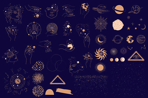 Collection of Mystical and Astrology objects, Woman face, Space objects, planet, constellation, magic ball, human hands. Minimalistic objects made in the style of one line. Editable vector illustration.