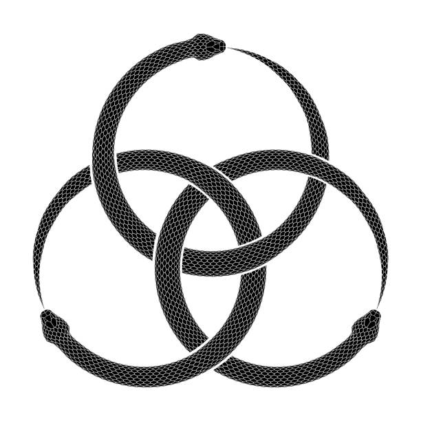 Three intertwined snakes bite their own tails. Ouroboros symbol tattoo design. Vector illustration isolated on a white background. Three intertwined snakes biting their own tails. Ouroboros symbol tattoo design. Vector illustration  of ancient sign isolated on a white background. alchemy symbols stock illustrations