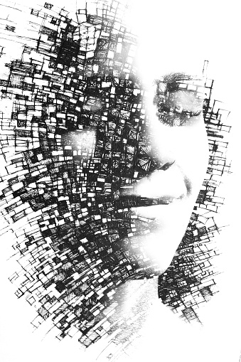 Paintography. Double exposure close up portrait of young female combined with black and white drawing of lines connecting to form boxes, on isolated white background