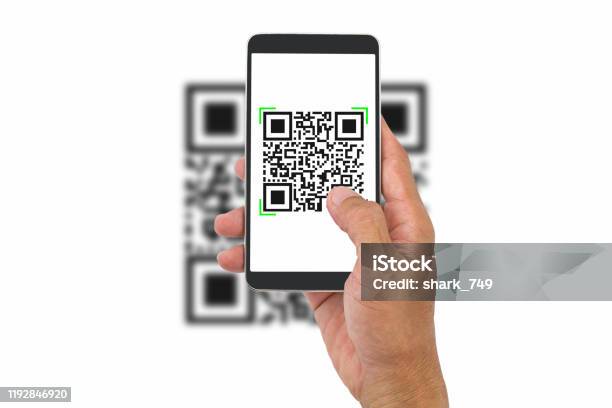 Hand Holding Smartphone Scanning Qr Code On White Background Business Concept Stock Photo - Download Image Now