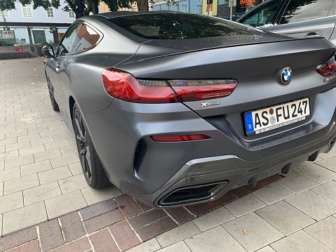 Regensburg, Germany - July, 21 - 2019:  BMW 850 sports car parked in the old town, public space.