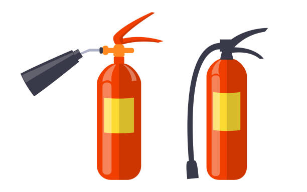 dwie czerwone gaśnice izolowane na białym plakacie - equipment extinguishing metallic single object stock illustrations