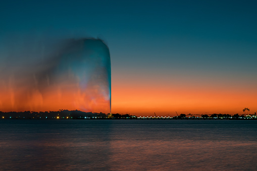 December 8th 2019, Jeddah Saudi Arabia. The world's tallest water fountain is seen from all over the south corniche, the promenade of Jeddah.