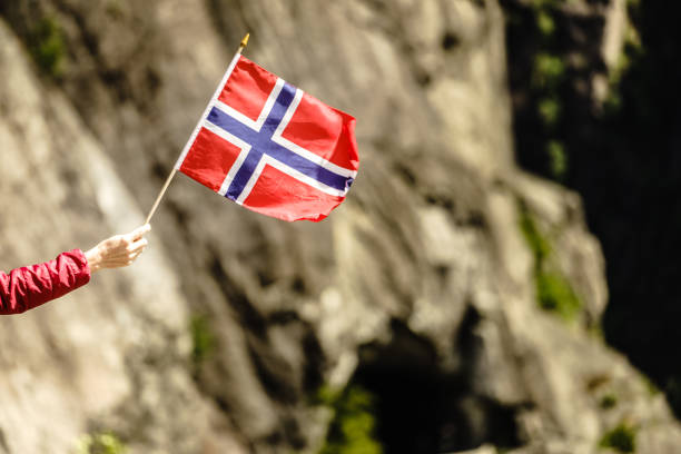 istock Tourist with norwegian flag in rocks mountains 1192849629