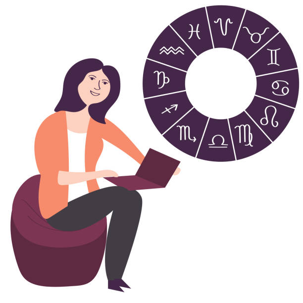 A girl looks at the Internet forecast astrology A girl looks at the Internet forecast astrology. Natal personal card. Mystical future. Occultism. Vector editable illustration astrology chart stock illustrations