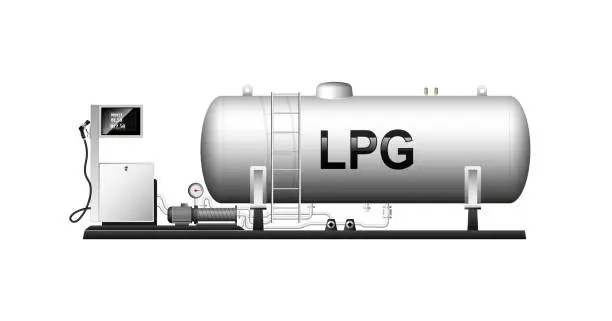 Vector illustration of Automotive modular filling with liquefied gas. Large cylindrical cylinder with natural gas. Liquefied petroleum gas. Column with a hose for refueling cars.