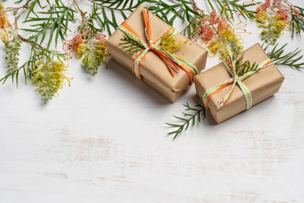 regalos rústicos elegantemente envueltos y la planta de grevillea nativa de australia. - gift orange green package fotografías e imágenes de stock