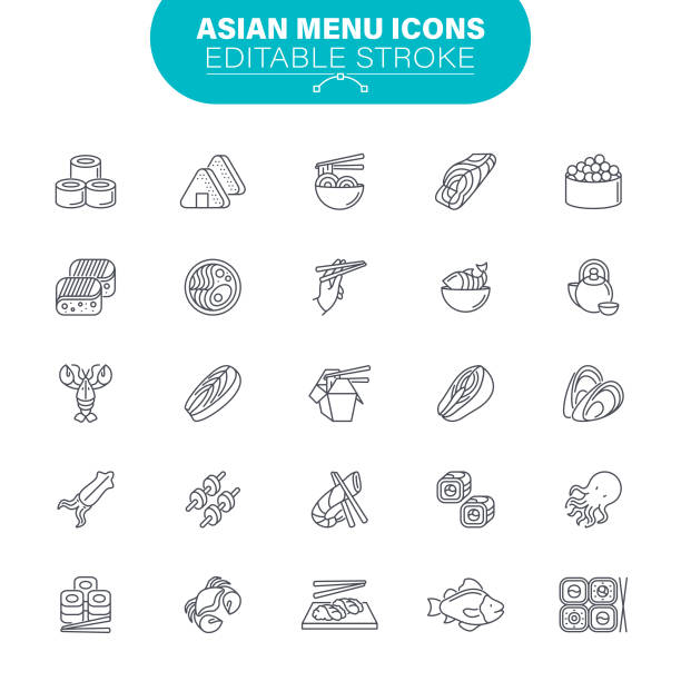 illustrazioni stock, clip art, cartoni animati e icone di tendenza di icone dei menu asiatici - meal whale mammal animal